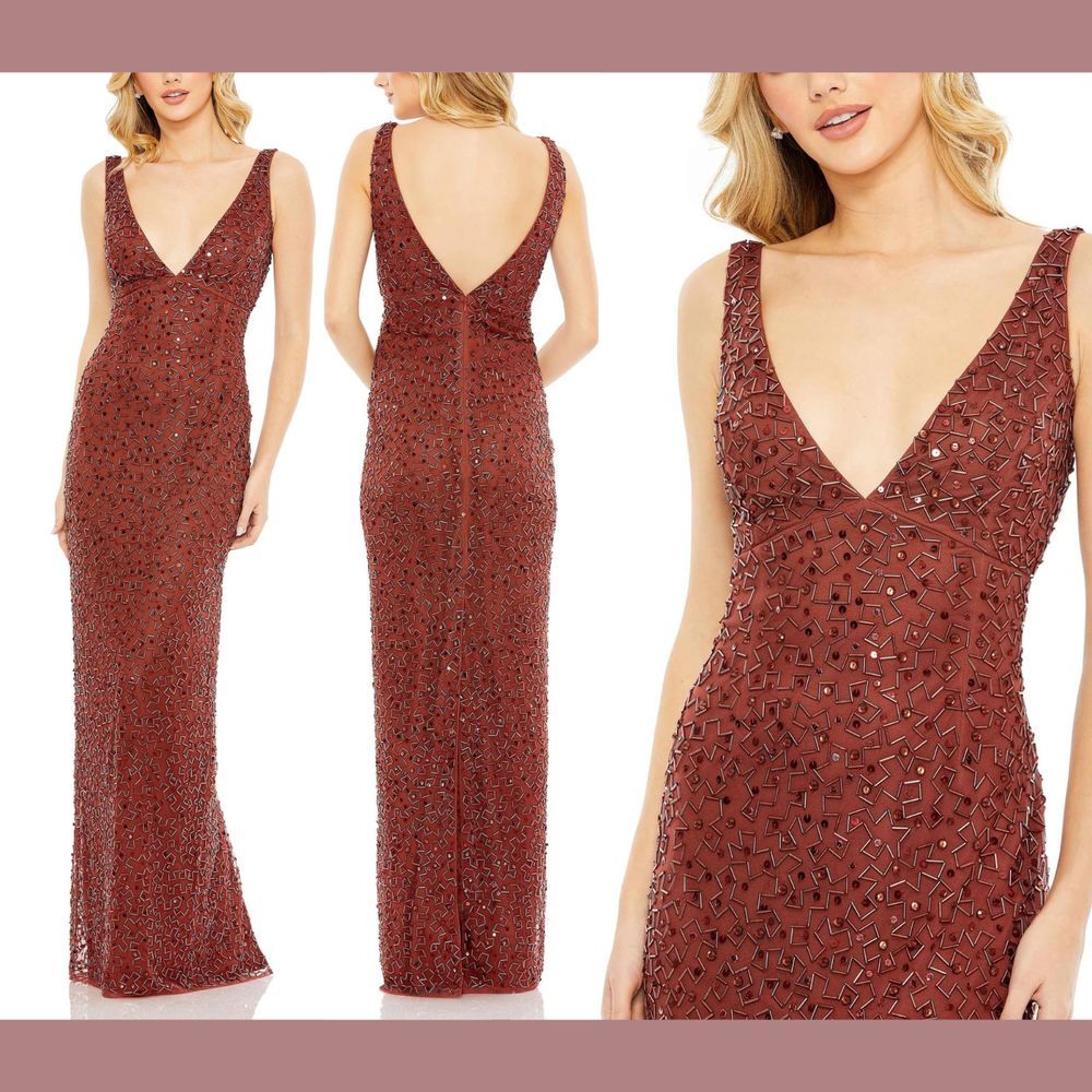 NWT $598 Mac Duggal [ 6 ] Sequined‎ Sleeveless V Neck Back Slit Gown Brick S1034